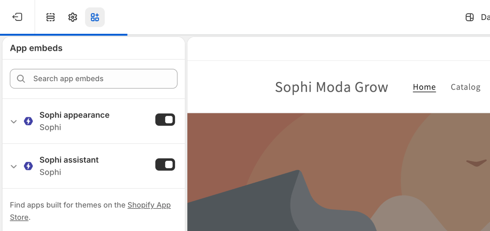 The theme editor's left bar with the App embeds icon selected and the App embeds panel: Sophi appearance and Sophi assistant, both switched on.