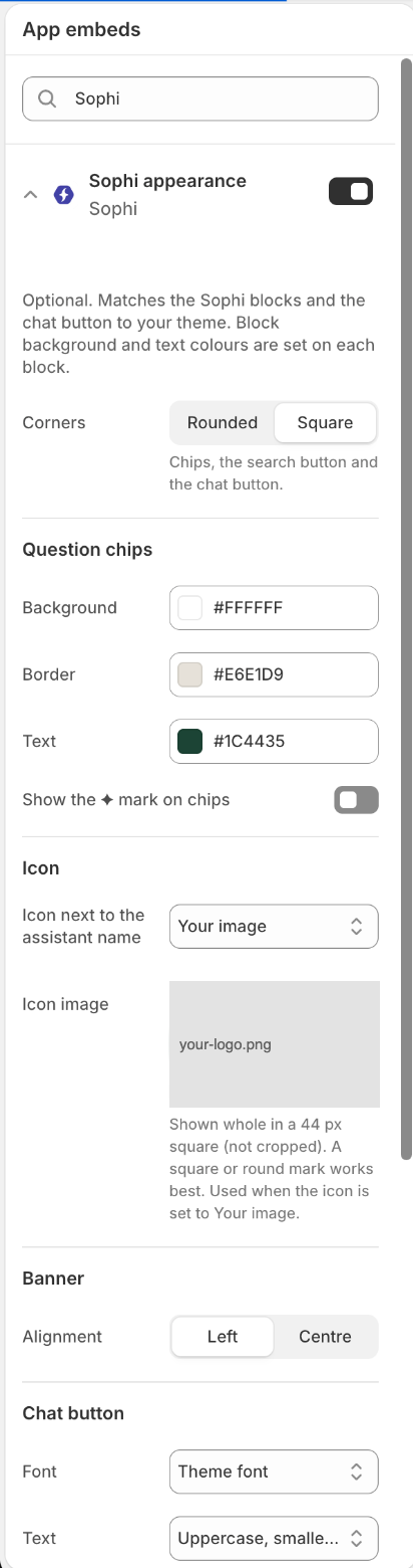 The Sophi appearance embed expanded: Corners set to Square, chip colours, the ✦ mark switched off, Icon set to Your image with an uploaded logo, Banner alignment and Chat button font and text.