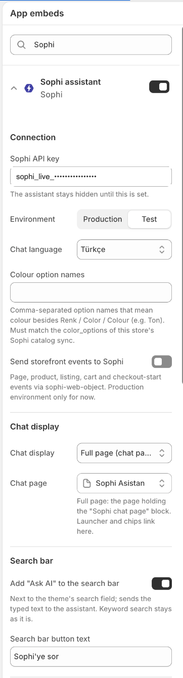 The Sophi assistant embed expanded: Connection (API key, Environment, Chat language, Colour option names, storefront events), Chat display (Full page, Chat page) and Search bar settings.