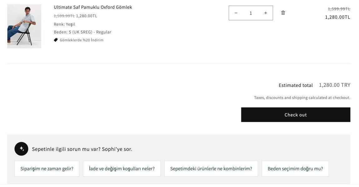 The cart page with the cart questions block below the checkout button.