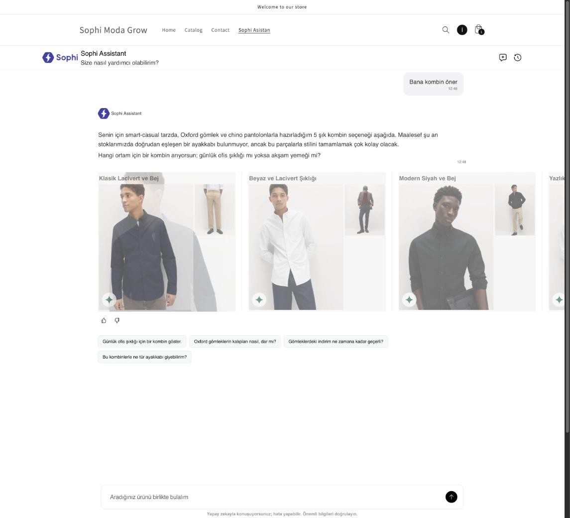 The chat page on the storefront: the store header on top, the Sophi chat filling the page below it with an answer and outfit suggestions, and the message field at the bottom.