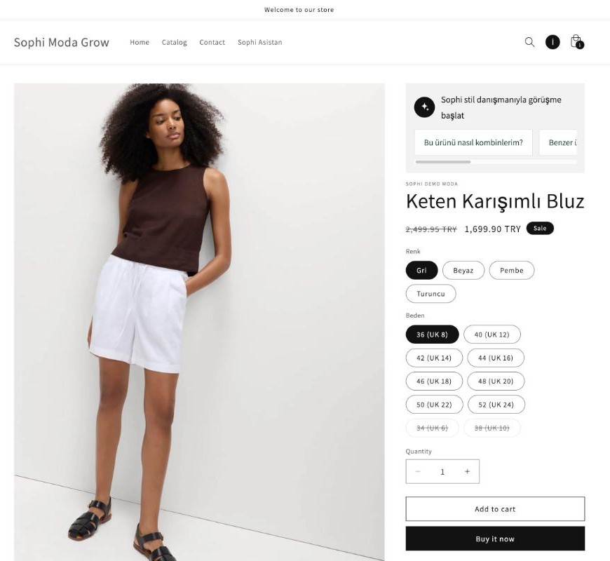 A product page with the Sophi product box at the top of the product information column, above the title and price.